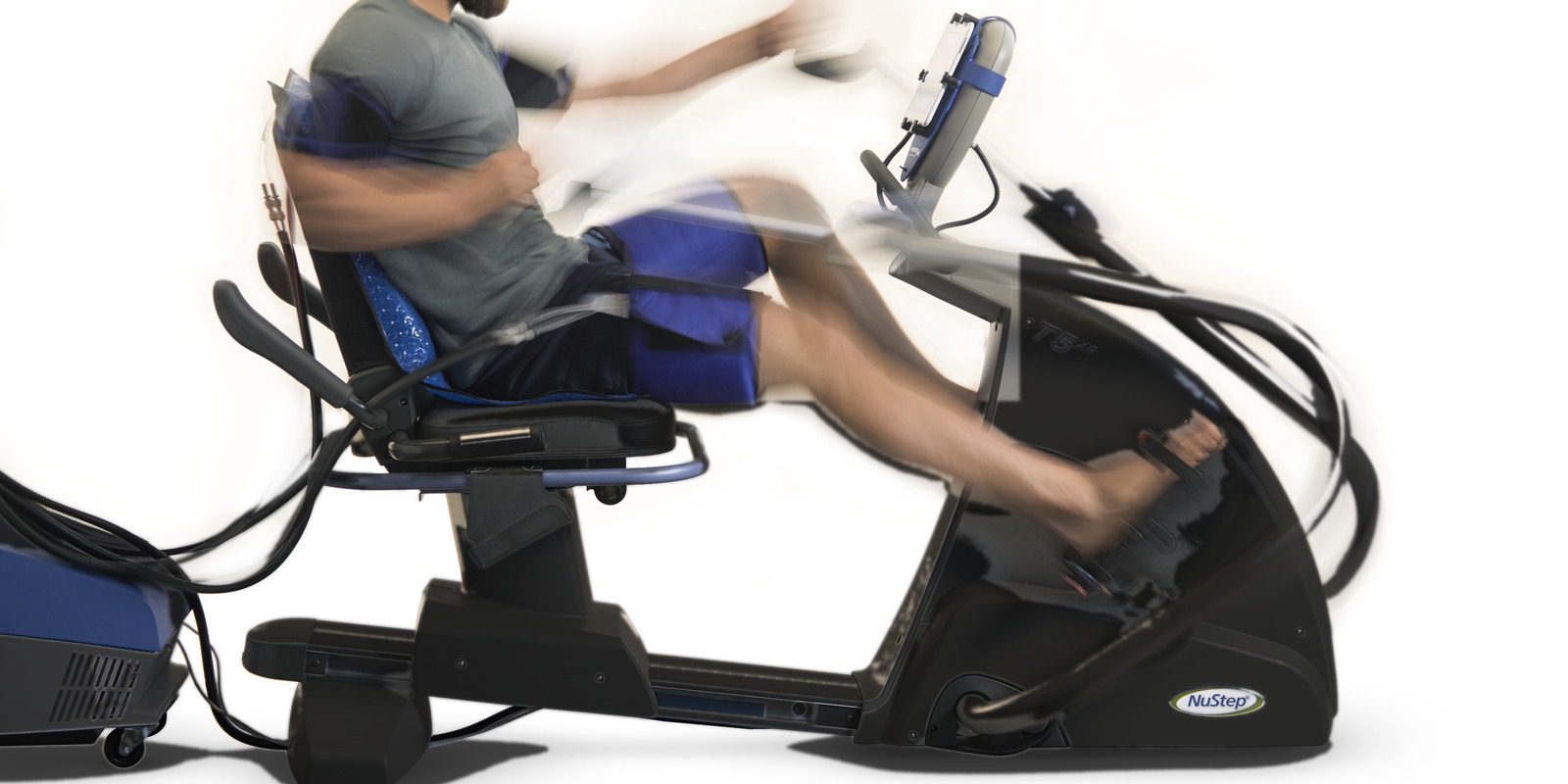 Vasper user mid-session, motion blur on legs showing active interval training, with the guided protocol screen visible.